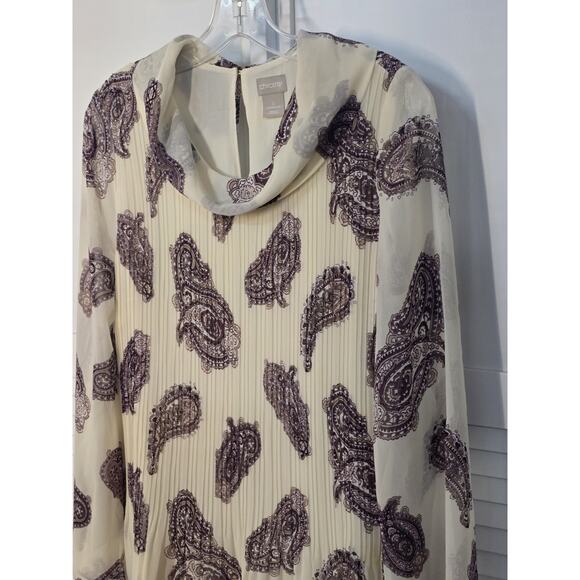 Chicos Pleated Paisley Cowl Neck Top Blouse Woven Pattern Ecru 0 ( US 4/6 S) - Picture 3 of 7